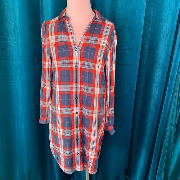 Banana Republic Plaid Long Sleeve Shirt Dress Red/Blue - Picture 3 of 11